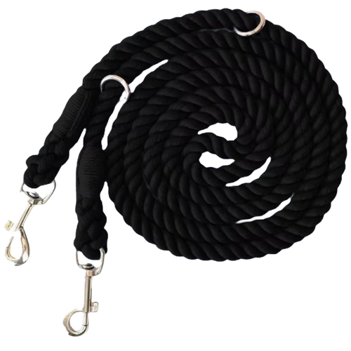 Black Heavy-duty braided rope dog leash with adjustable metal rings and two heavy-duty clips
